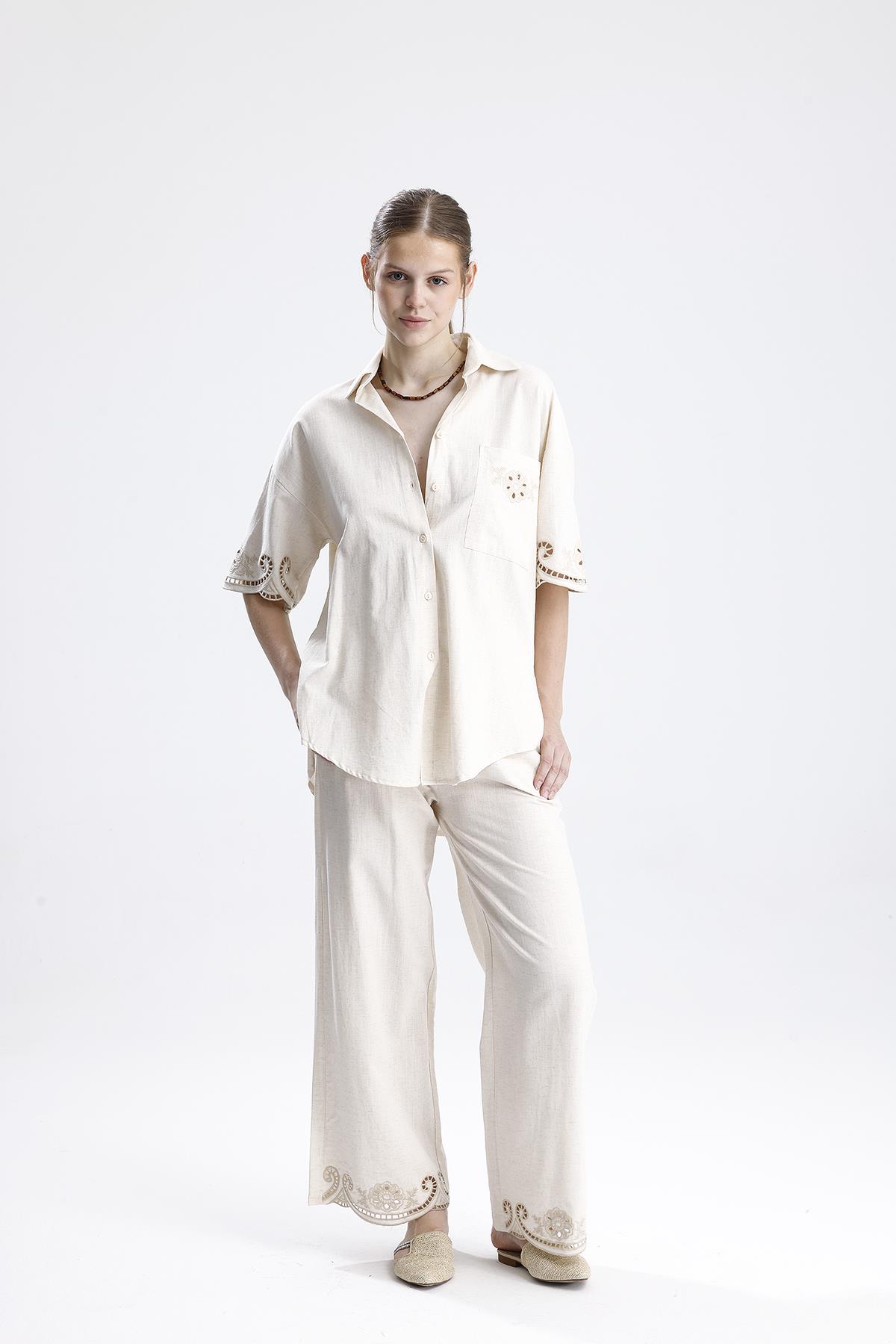 Beyaz İş Nakışlı Keten İkili Takım - Taş - Görsel 5