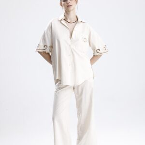 Beyaz İş Nakışlı Keten İkili Takım - Taş