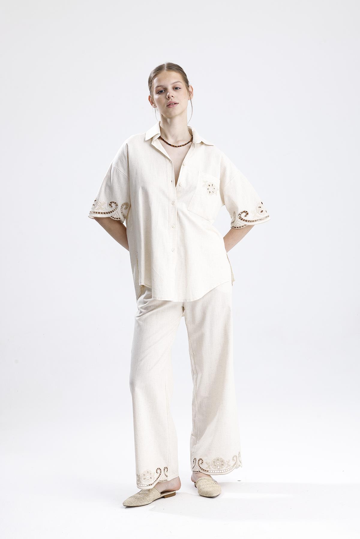 Beyaz İş Nakışlı Keten İkili Takım - Taş