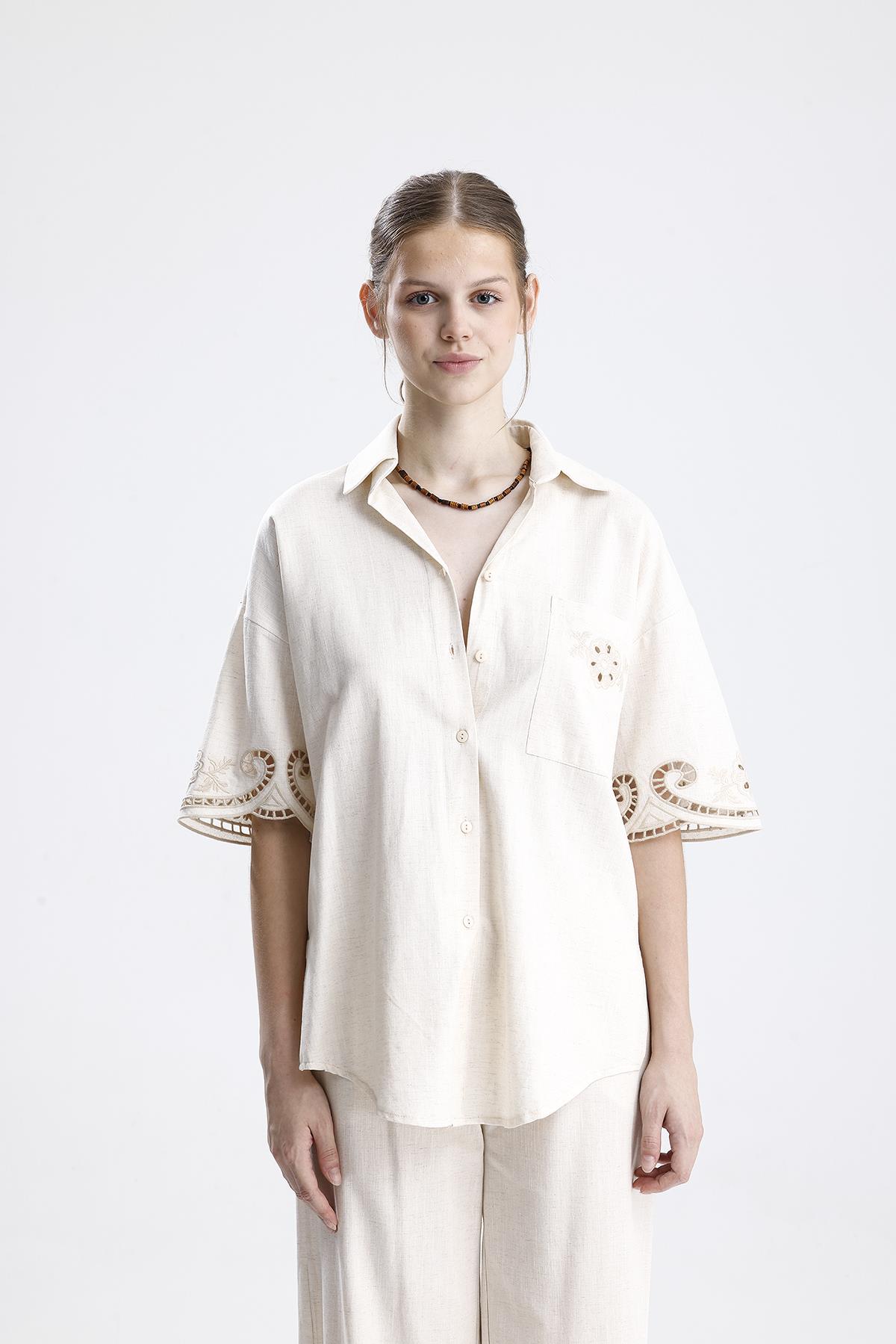 Beyaz İş Nakışlı Keten İkili Takım - Taş - Görsel 2