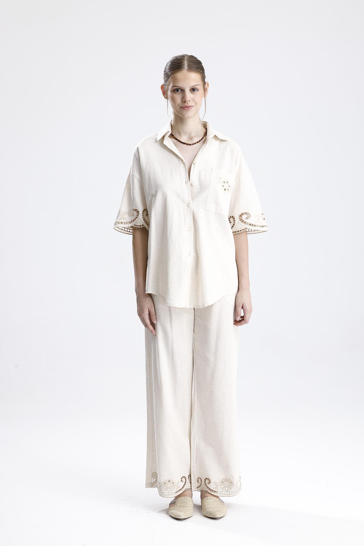 Beyaz İş Nakışlı Keten İkili Takım - Taş - Görsel 3