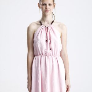 Boncuk Detaylı Bağlamalı Elbise - Pembe