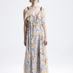 Çiçek Desenli Fırfır Detaylı Uzun Elbise - Mavi