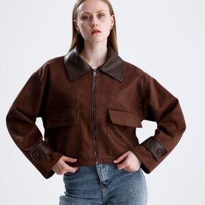 Deri Detaylı Fermuarlı Kısa Süet Ceket - Kahverengi