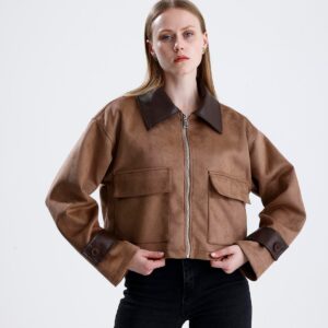 Deri Detaylı Fermuarlı Kısa Süet Ceket - Vizon