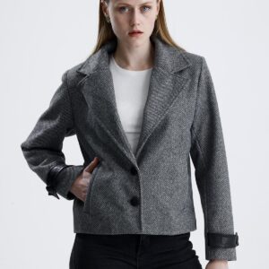 Diyagonal Kruvaze Kaşe Ceket Deri Detaylı - Gri