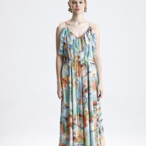 Fırfır Detaylı Çiçek Desenli Şifon Elbise - Yeşil