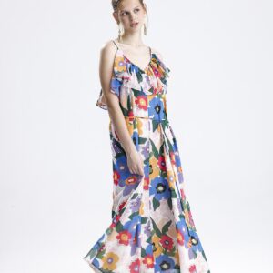 Fırfır Detaylı Çiçek Desenli Şifon Elbise - Sarı