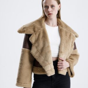 Geniş Yakalı Kolu Peluş Süet Eskitme Mont - Camel