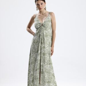 Gloplu Gipeli Askılı Desenli Elbise - Yeşil