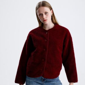 İçi Polarlı Düğmeli Peluş Ceket - Bordo