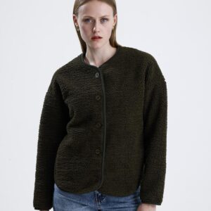 İçi Polarlı Düğmeli Peluş Ceket - Haki