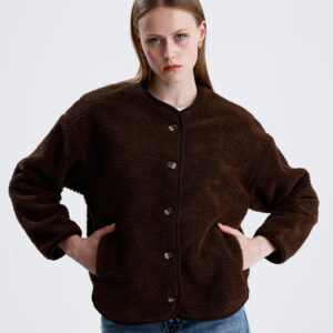 İçi Polarlı Düğmeli Peluş Ceket - Kahve