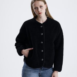 İçi Polarlı Düğmeli Peluş Ceket - Siyah