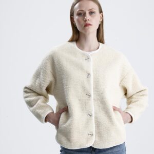 İçi Polarlı Düğmeli Peluş Ceket - Taş