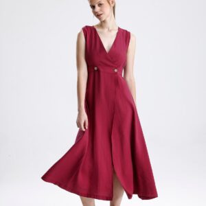 Kruvaze Pileli Bordo Elbise - Bordo