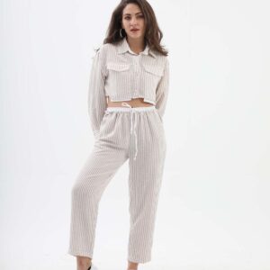 Poplin Garnili Çizgili Croplu İkili Takım - Vizon