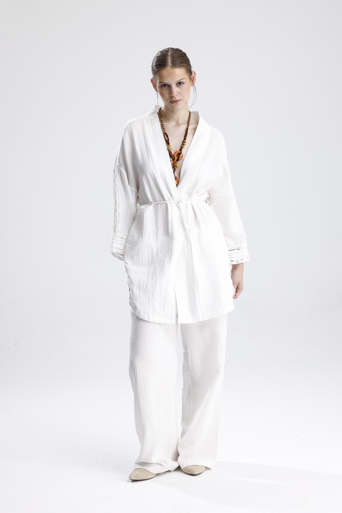 Şerit Garnili Müslin İkili Takım - Ekru - Görsel 6