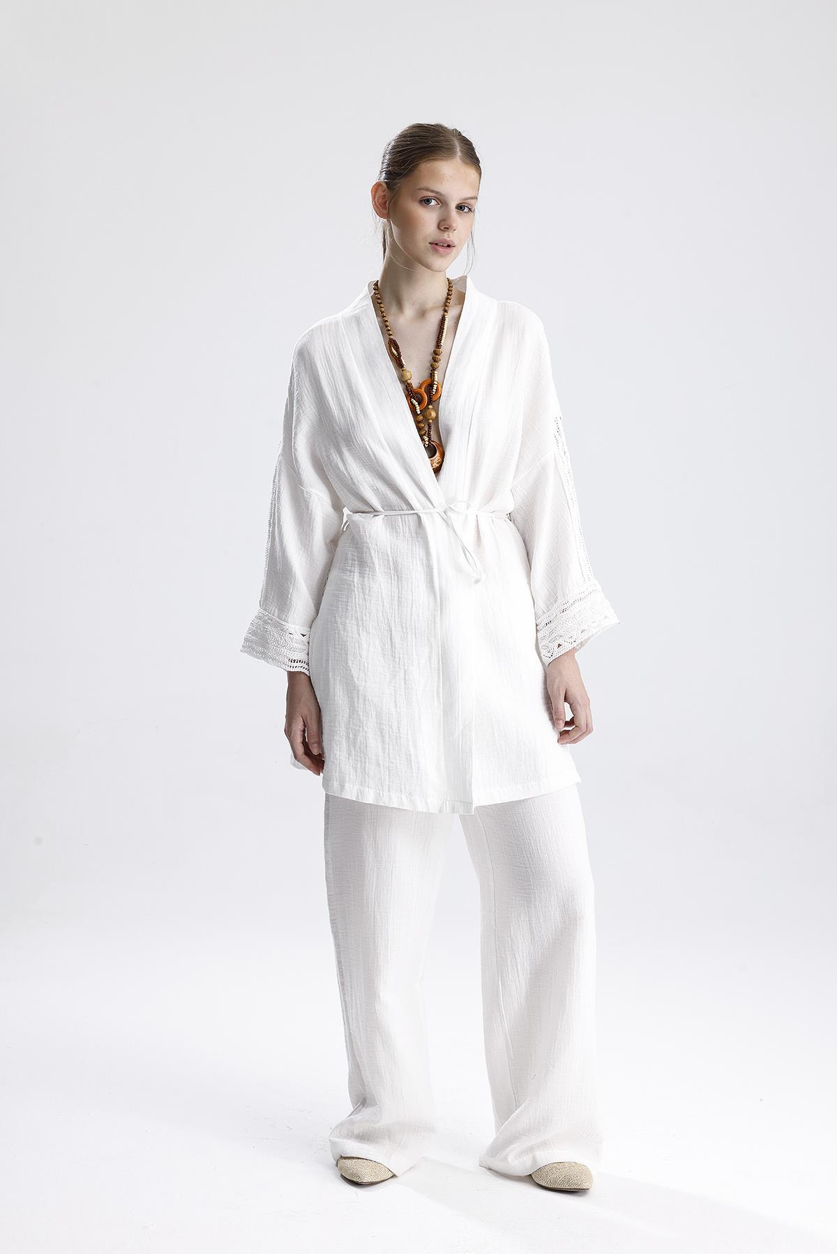 Şerit Garnili Müslin İkili Takım - Ekru - Görsel 4