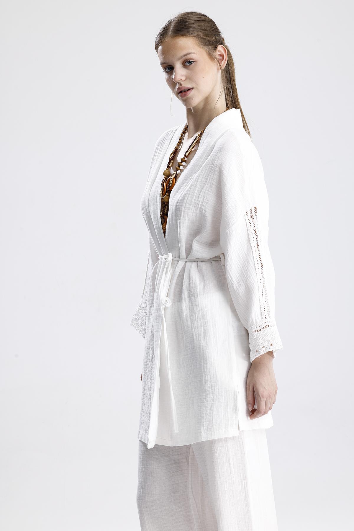 Şerit Garnili Müslin İkili Takım - Ekru - Görsel 3