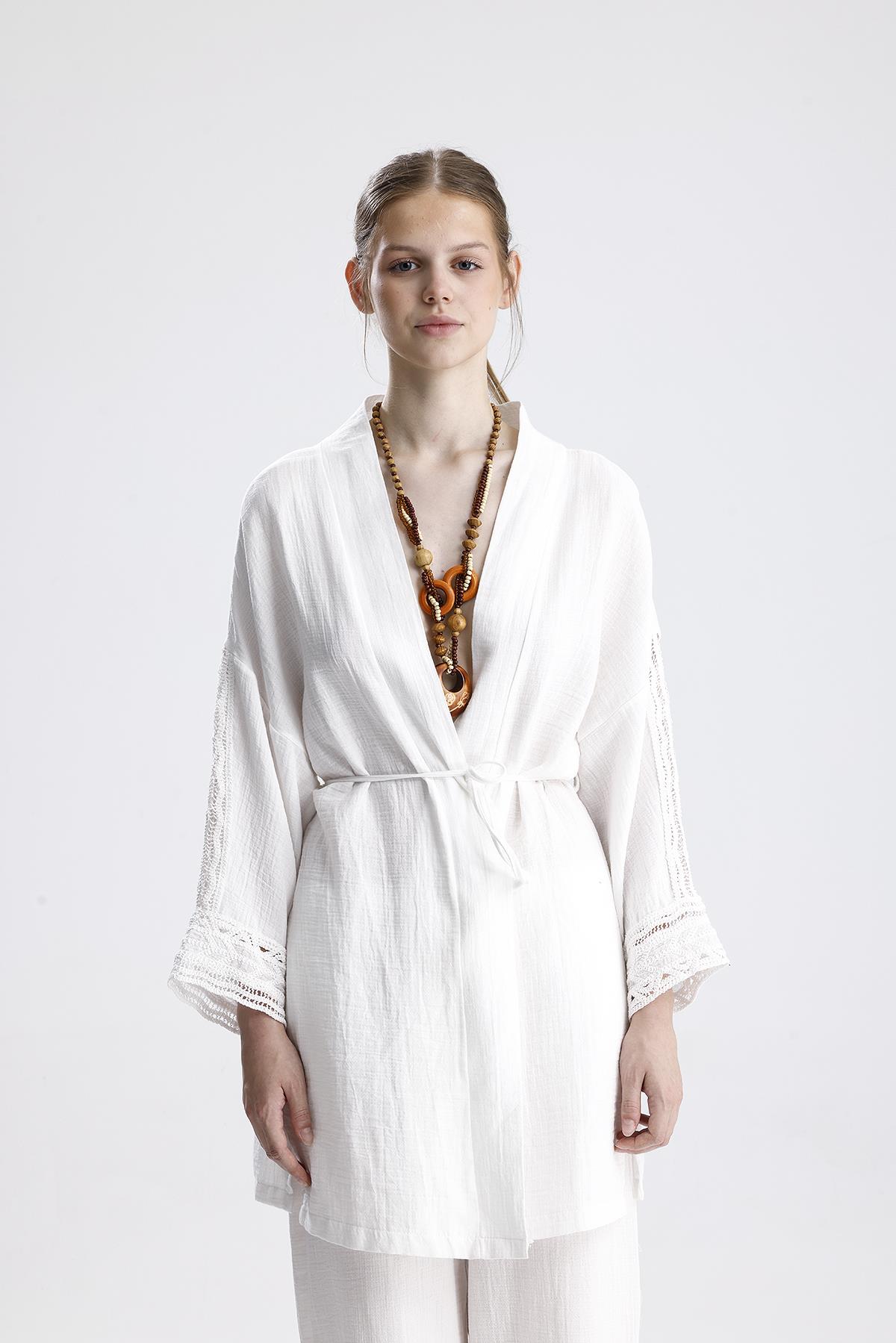 Şerit Garnili Müslin İkili Takım - Ekru - Görsel 2