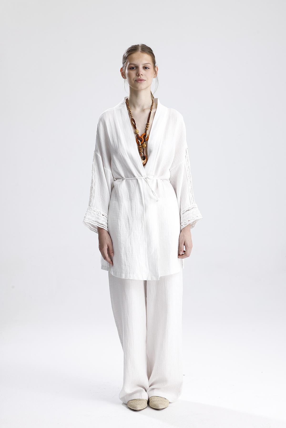 Şerit Garnili Müslin İkili Takım - Ekru